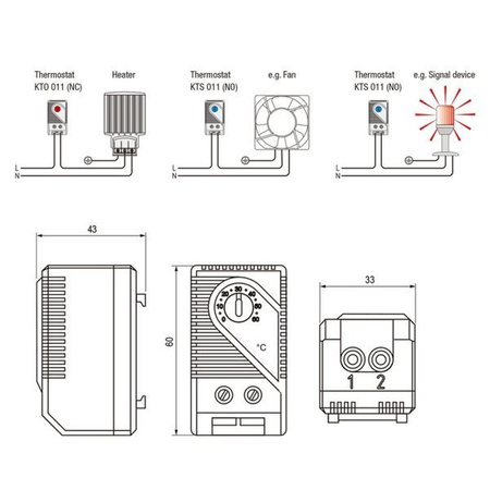 Termostat mini - 0°-60°C - NC - KTO011 - 230VAC - regulator otwierający